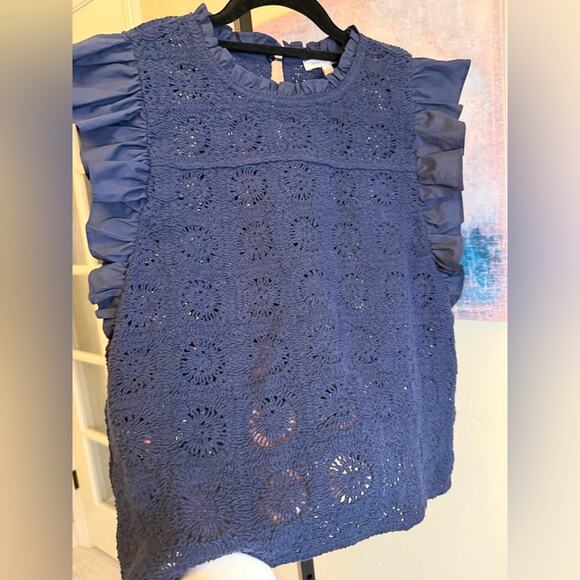 New Skies are Blue Crochet Flutter Sleeve Top Women’s XS Navy Ruffles - Picture 3 of 6